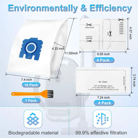 Upgraded 16 Pack 3D AirClean Dust Bags Replacement For GN Vacuum Cleaners with dimensions and efficiency details.