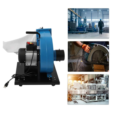 Heavy Duty Wall Mounted Dust Collector With Fifteen Gallon Bag For Woodworking Shops That Works Like A Charm And Pulls Five Hundred Fifty CFM, blue motor, side view, mounted dust collector.