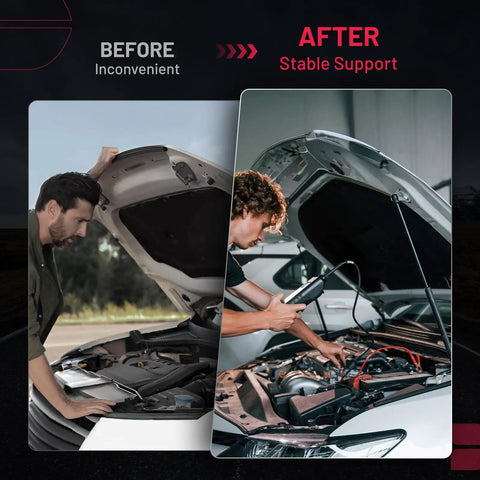 Before and after using Front Hood Lift Supports Gas Spring Set For Lincoln Mark LT And 2004 to 2008 F150, showcasing stability