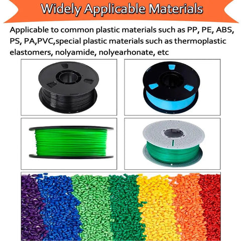 Various plastic filament spools and granules, including materials for Beast Mode 3D Printer Filament Extruder And Auto Winder Machine 120W.