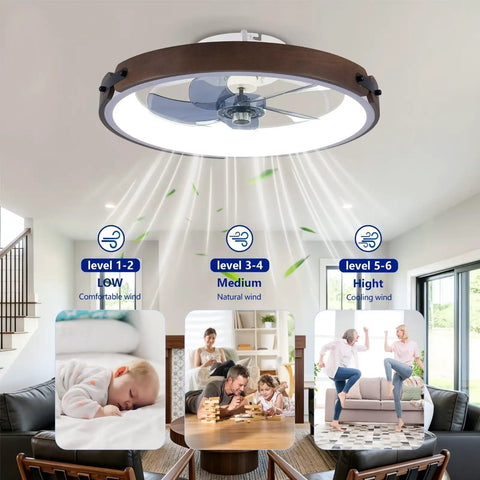 20" Walnut Flush Mount Ceiling Fan with LED Light, demonstrating 6 speed settings and family-friendly use in a modern living room.