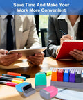 Slick 8 Piece Multicolor Office Stamp Set Featuring No Sweat Self Inking Rubber Design For Quick Document Marking Like Paid Approved And Confidential With Dope Storage Case on a desk with colorful pens and tablet.