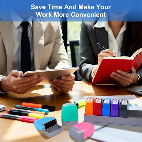 Slick 8 Piece Multicolor Office Stamp Set Featuring No Sweat Self Inking Rubber Design For Quick Document Marking Like Paid Approved And Confidential With Dope Storage Case on a desk with colorful pens and tablet.