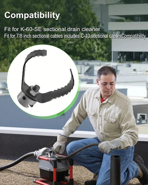Knock Out Stubborn Pipe Clogs Fast With This Heavy Duty Three Inch Sharktooth Root Cutter Blade attached to K-60-SE drain cleaner.