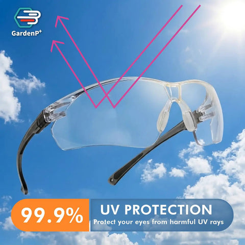 Hella Durable Wraparound Safety Glasses With Anti Fog Scratch Proof Polycarbonate Lenses For Yard Work Lawn Mowing Shooting And Outdoor Adventures Ansi Z87 Approved Unisex Eyewear showing UV protection against harmful rays.