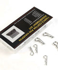 R Shaped Cotter Pin Hairpins Kit In 304 Stainless Steel, 150 Piece Assortment in box with scattered pins