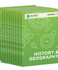 Second Grade History And Geography Complete Set Of Ten Engaging Workbooks featuring green covers with educational icons.