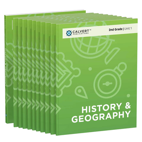 Second Grade History And Geography Complete Set Of Ten Engaging Workbooks featuring green covers with educational icons.