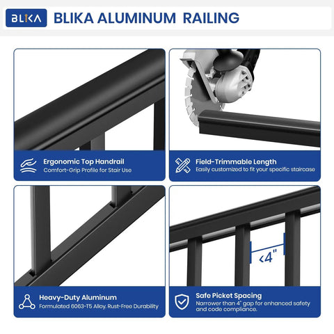 Hella Secure Aluminum Stair Railing Kit 2 Pack Includes Four Thirty Nine Inch Posts over a black aluminum handrail with safety details.