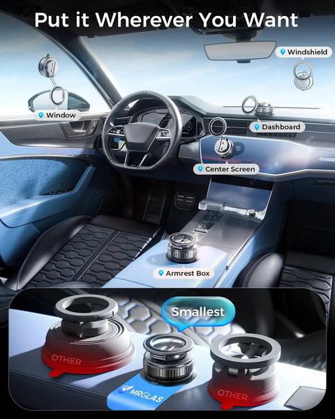Upgraded 360 Degree Rotation Vacuum Magnetic Phone Holder Stand For MagSafe mounted in car interior, various placements shown