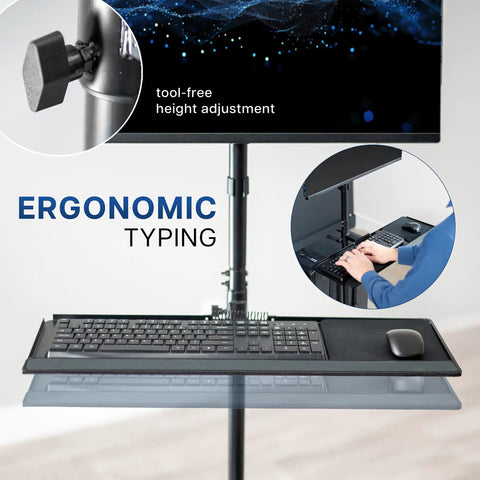 Built Tough Mobile Computer Cart With Smooth Glide Wheels And Adjustable Monitor Stand Engineered For Big Screens Up To Thirty Two Inches ergonomic typing surface with tool-free height adjustment.