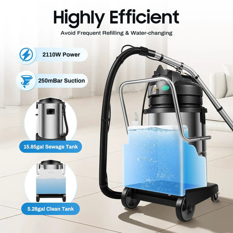 Badass Commercial Carpet Cleaner 60L 3 In 1 Industrial Steam Vacuum For Hotels showing 2110W power and dual tanks.