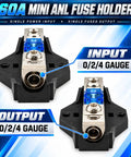 Heavy Duty 60 Amp Mini ANL Fuse Holder With 0 2 And 4 Gauge Wire Setup showcasing the input and output connections.