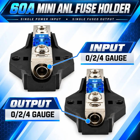 Heavy Duty 60 Amp Mini ANL Fuse Holder With 0 2 And 4 Gauge Wire Setup showcasing the input and output connections.