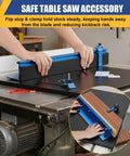 Spot On Table Saw Crosscut Sled Featuring Zero Clearance Edge Plus Adjustable Fence To Nail Every Straight Cut Without Breaking A Sweat Thanks To Its Ironclad Stop Block And Fine Line Scale, showing hands using the sled on a table saw.
