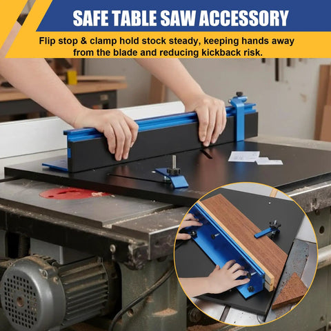 Spot On Table Saw Crosscut Sled Featuring Zero Clearance Edge Plus Adjustable Fence To Nail Every Straight Cut Without Breaking A Sweat Thanks To Its Ironclad Stop Block And Fine Line Scale, showing hands using the sled on a table saw.