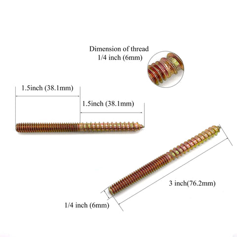 12 Pack 1/4 20 X 3 Inch Hanger Bolts For Furniture, Double Ended Wood Dowel Screws, Self Tapping, Carbon Steel, Galvanized Finish