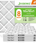 10x10x1 pleated HVAC air filter MERV 8, four pack, displayed with packaging, suitable for AC furnace systems.