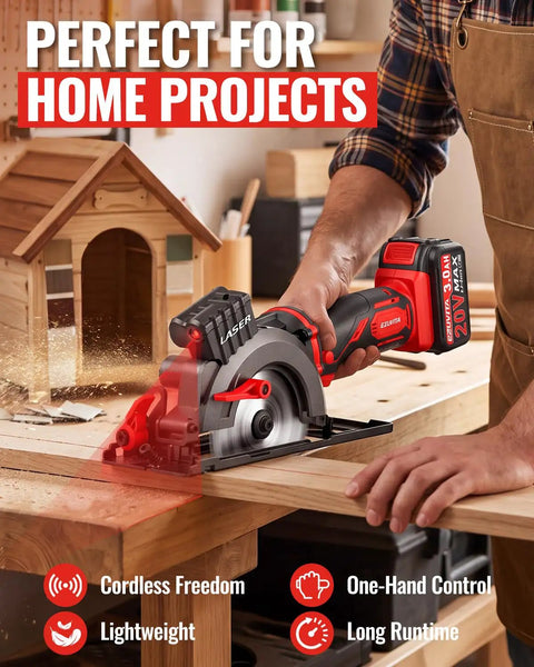 20V Cordless Mini Circular Saw Featuring Beast Mode 4500 RPM Kick And Four And One Half Inch Capacity Includes 20V 3.0Ah Battery cutting wood.
