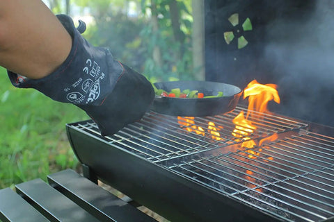 Heavy Duty Fireplace Gloves With Heat Resistant Leather Mitts With Solid Grip 16 Inch XL handling skillet on grill