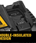 Close-up of all in one battery charger for 12V max, 20V max, and FlexVolt packs with double-insulated design and mounting latch.