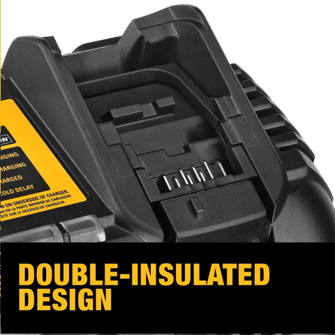 Close-up of all in one battery charger for 12V max, 20V max, and FlexVolt packs with double-insulated design and mounting latch.