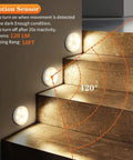 Six Pack Warm White Motion Sensor LED Puck Lights illuminated on stairs, showing motion detection range and brightness in dim light.