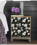 Peel And Stick Gardenia Floral Wallpaper Removable Vinyl Self Adhesive Mural Black White Green 17.7in By 32.8ft Roll on cabinet