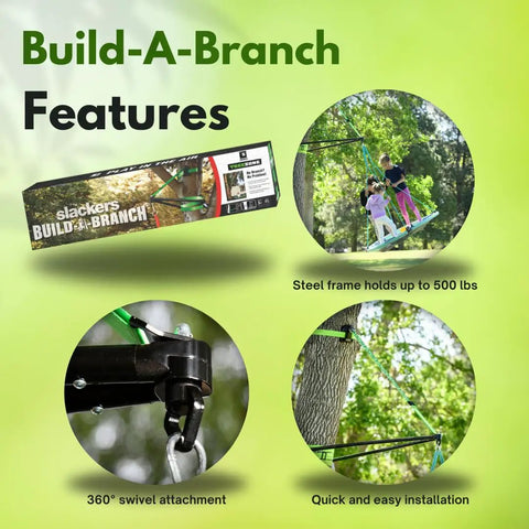 Build A Branch Tree Swing Kit box with features: steel frame, swivel attachment, tree installation for outdoor swing, 500 lb support
