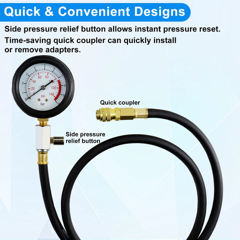 Front view of JoyFans oil pressure tester gauge kit with 0–140 psi dial, brass quick coupler, and black hose.