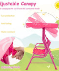 Side view of Two Seat Kids Porch Swing With Adjustable Canopy And Safety Belts Outdoor Lounge Chair in pink, showing canopy details.