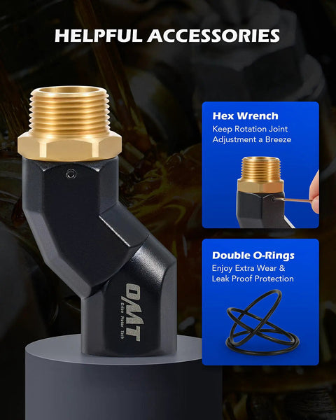 Two Piece One Inch NPT Fuel Hose Nozzle Swivel Kit With 360 Degree Rotation For Easy Safe Fueling And Flexible Angled Access Gas Pump Ready Fits Any 1 Inch Hose Or Nozzle Leak Free And Durable, black and brass elbow fitting with double O-rings