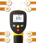 Close-up of Beast Dual Laser Non-Contact Infrared Thermometer display with buttons for settings like emissivity and temperature choice.