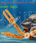 Rad Submarine Toy For Kids With Robotic Arms Adjustable Base Foldable Design Transformable Shapes Deep Sea Probe Action Realistic Drill And Pliers Bright Orange Build showing movable joints in blue water background