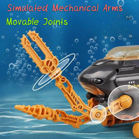 Rad Submarine Toy For Kids With Robotic Arms Adjustable Base Foldable Design Transformable Shapes Deep Sea Probe Action Realistic Drill And Pliers Bright Orange Build showing movable joints in blue water background