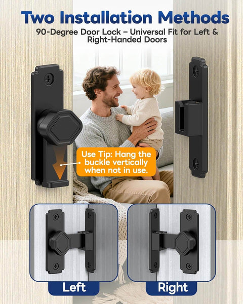 Built Tough Aluminum Pocket Door Lock With 90 Degree Flip Latch shown for left and right installation on barn doors.