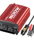 Heavy Duty Car Power Inverter Pumps Out Five Hundred Watts From Dc Twelve To Ac 110V With Dual Plugs And Quick Usb for charging devices.