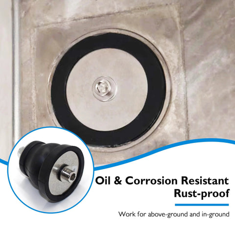 Installed black rubber expansion cleanout plug with stainless steel Allen wrench handle in drain; size 2-9/16 to 3-1/8 in