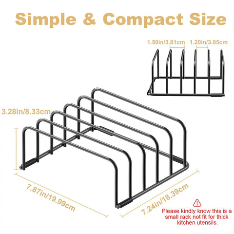 Front view: Fikoksol cutting board organizer and baking sheet rack, black metal with five vertical slots