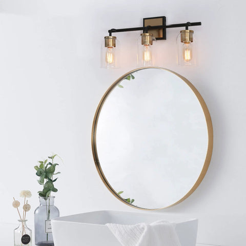 Black And Gold Modern Farmhouse Vanity Light With Copper Accent Socket And Back Plate Three Clear Glass Shades 19.7 Inch Bar