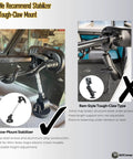 Bow-mount stabilizer for trolling motors; aluminum alloy with stainless screws; height adjustable; two-view layout.