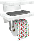 Total Game Changer, Two Shelf Wall Mounted Toilet Paper Holder With Natural Marble Top And Sleek Nickel Finish, phone on top shelf.