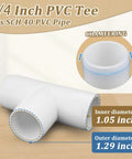 12 Pack 3/4 Inch PVC Tee Fittings for SCH40 Pipe, furniture-grade connectors, diagram showing inner and outer diameter.