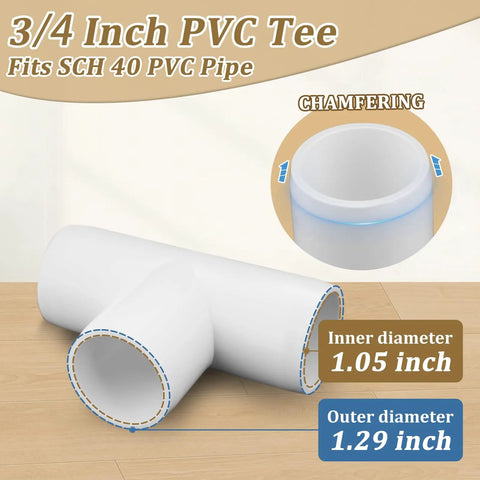 12 Pack 3/4 Inch PVC Tee Fittings for SCH40 Pipe, furniture-grade connectors, diagram showing inner and outer diameter.