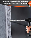 AV Steel 5-piece SDS Plus rotary hammer drill bit set drilling into concrete with a power drill