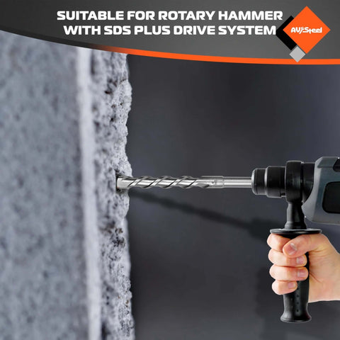 AV Steel 5-piece SDS Plus rotary hammer drill bit set drilling into concrete with a power drill