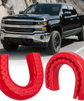 Tow Hook Covers For Chevy Silverado 1500 2007 To 2025 Custom Front Accessories Red Snap-On Install Next to Black Truck