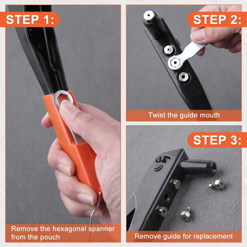 Step-by-step guide to change nozzles on Beast Mode Heavy Duty 4-In-1 Rivet Gun Kit With 100 Rivets for various materials.