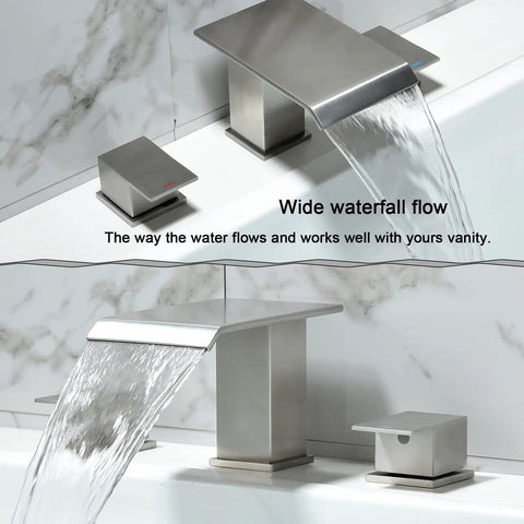 2 Handle Deck Mount Roman Tub Faucet Set in Brushed Nickel with dual control and modern style showcasing waterfall flow