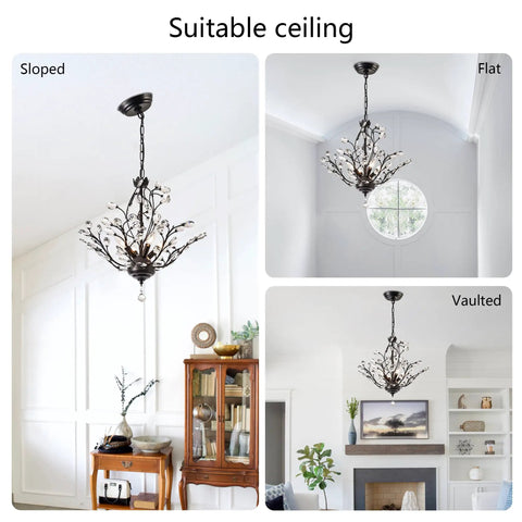 18 Inch Black Crystal Chandelier With 4 Lights in sloped, flat, vaulted ceilings, K9 raindrop crystals, adjustable chain, luxe black finish